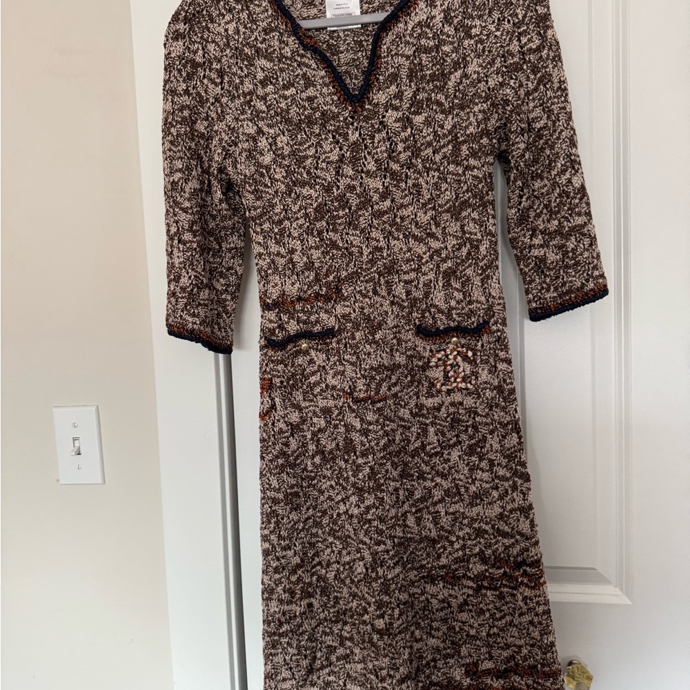 CHANEL Textured Brown and Black Long Sleeve Dress